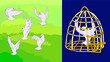 Liberation symbol. Birds flying out of cage - vector