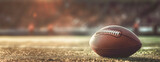 Realistic American football ball lies on the football field. Against the backdrop of the stands with fans. Generative Ai