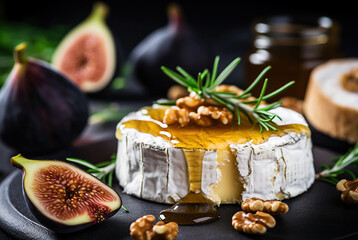 Camembert cheese with fig fruits, honey, walnuts and rosemary