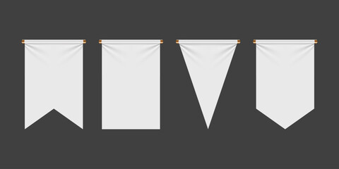 set of white pennant flags mock up, blank vertical banners on flagpole. Isolated medieval heraldic empty ensign templates. Vector illustration