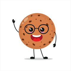 Wall Mural - Cute happy cookie character. Smiling and greet biscuit cartoon emoticon in flat style. bakery emoji vector illustration