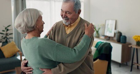 Canvas Print - Hug, home and senior couple with love, smile and quality time with retirement, happiness and hello. Romantic, old man and elderly woman in a lounge, happy and marriage with welcome in an apartment