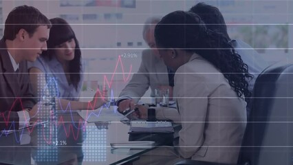 Poster - Animation of statistical data processing over diverse businesspeople discussing together at office