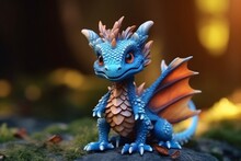 Cute Little Dragon. 3d Rendering Of A Fantasy Blue Dragon On Dark Background.