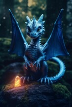 3d Rendering Of A Fantasy Blue Dragon On Dark Background.