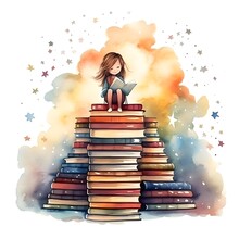 World Book Day Concept. Watercolor Illustration With Stack Of Books Created  With Generative AI Technology