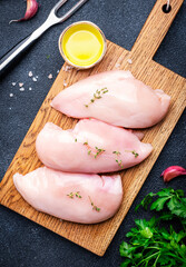 raw chicken breast fillet on rustic cutting board prepared for cooking with garlic, thyme, spices an