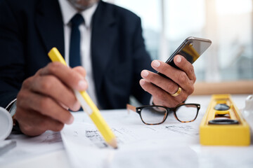 Aufkleber - Phone, hands and pencil of architect man in an office with a blueprint, drawing or floor plan project. Closeup of male engineer with building design, internet connection and sketch for construction
