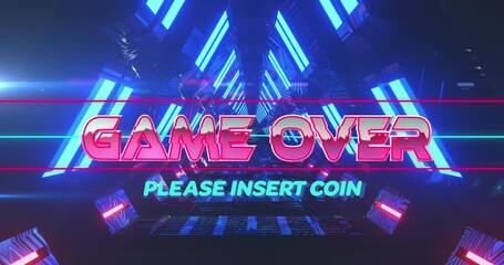 Poster - Animation of game over and please insert coin text in illuminated triangular tunnel
