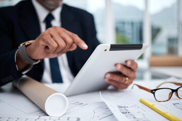 Poster - Hands, tablet and architect typing at desk for research, architecture and planning on internet. Technology, fingers and engineer writing, construction design and email for online blueprint in office