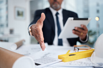 Poster - Hand extended, architect and a man in office for a handshake for welcome greeting or deal. POV of male engineer with a tablet and gesture for business negotiation, thank you and agreement or trust