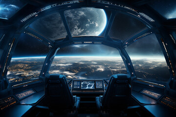 futuristic cockpit of spaceship control system room with planets view scenery, outer space, astronau