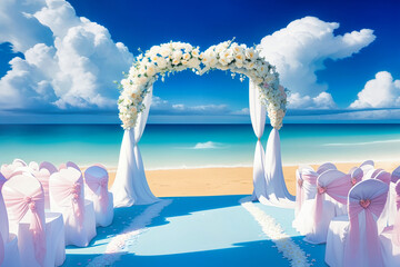 Wall Mural - beach wedding venue, wedding setup, cabana, arch, gazebo decorated with flowers, beach wedding setup