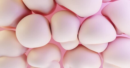 3d abstract animation of filling the volume with soft bodies, balls. 2 animations pink and beige balloons inflate and increase in volume. A grid of spheres, the cells fill up, become healthier, round