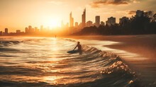 A Surfer Riding A Wave At Burleigh Heads On The Gold Coast In Queensland Australia With The Surfers Paradise Buildings In The Background In Golden Afternoon Sunlight