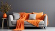 orange blanket on grey sofa modern, generative ai