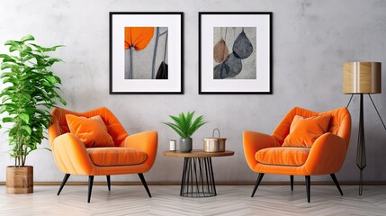 two orange armchairs poster modern living room, generative ai


