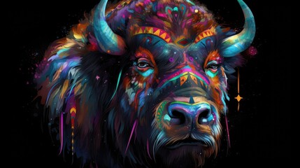 Sticker - Colorful abstract Cyberpop animal bison painting geometric style. Isolated black background Generative AI