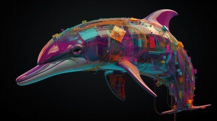 Canvas Print - Colorful abstract Cyberpop animal dolphin painting geometric style. Isolated black background Generative AI