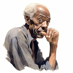 Wall Mural - Black old man in thinking and doubts watercolor illustration. Male character with dreamy face on abstract background. Ai generated watercolor poster.