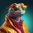 Funny monster in orange jacket and red sunglasses. 3d rendering.Generative AI