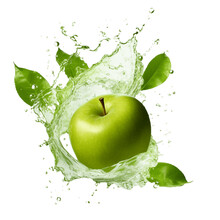 Fresh Green Apple And Splash Of Water On White Background