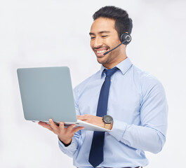 Aufkleber - Call center, laptop and Asian man telemarketing, support or contact us isolated on a white studio background. Computer, smile and sales agent, customer service or consultant on internet for crm email