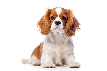 Wall Mural - Cute Puppy Cavalier King Charles Spaniel, Sitting and Isolated on White Background. Perfect Pet and Animal Image for Your Designs: Generative AI