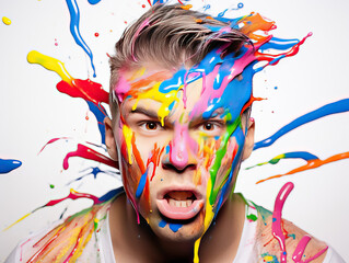 Wall Mural - Man with exploding colors on face and  in background