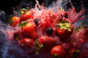 Wall Mural - Ripe juicy tasty strawberry with juice splash on black background