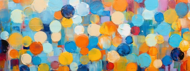 Aufkleber - Closeup of abstract rough colorful multicolored geometric circular circles points art painting texture 3d pattern wallpaper, with oil brushstroke, pallet knife paint on canvas (Generative Ai)