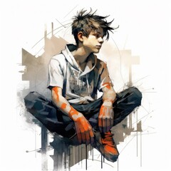 Wall Mural - White boy in thinking and doubts pose watercolor illustration. Young male character with dreamy face on abstract background. Ai generated bright drawn poster.