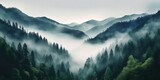 Fototapeta Las - Photo realistic illustration of mountains forest fog morning mystic. Graphic Art. Generative AI technology.