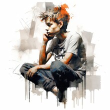 White Boy In Thinking And Doubts Pose Watercolor Illustration. Young Male Character With Dreamy Face On Abstract Background. Ai Generated Bright Drawn Poster.