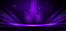 Abstract Purple Light Rays On Black Background With Lighting Effect And Bokeh.
