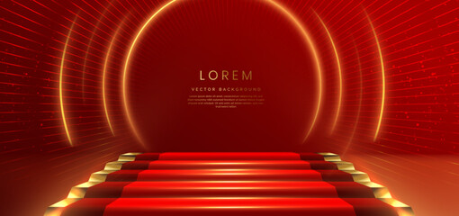 Wall Mural - elegant red stage with gold diagonal glowing lighting effect and sparkle. template premium award des