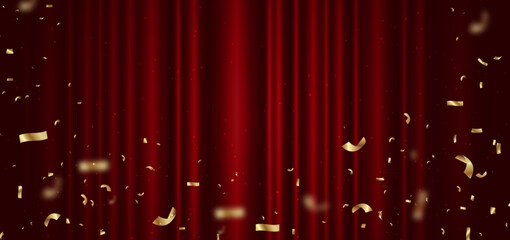 red curtain background. golden confetti banner and ribbon on white background. celebration grand ope