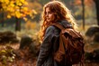 © Zireael - A teenage girl with a backpack goes to school on a beautiful street. Ai generated