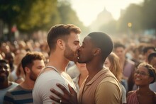 A Couple Kissing In A Crowd On The Street. A Gay Couple. A Black Man And A White Man. It's Summer. The Couple Is Wearing Summer Clothes.