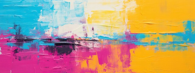Aufkleber - Closeup of abstract rough colorful multicolored neon blue, pink and yellow colored art painting texture, with oil acrylic brushstroke, pallet knife paint on canvas (Generative Ai)