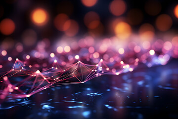 Abstract background with neon lines glowing in ultraviolet light, and bokeh lights. Data transfer concept. Digital futuristic wallpaper. Generative AI.