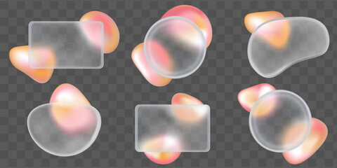 3d blur glassmorphism blob frame design with rectangle and circle shape abstract vector. Digital template with fluid glass glossy element interface mockup. Card and sphere icon set for app screen.