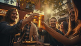 Fototapeta Londyn - glass of beer in hand, group of happy friends drinking and toasting beer, Generative Ai