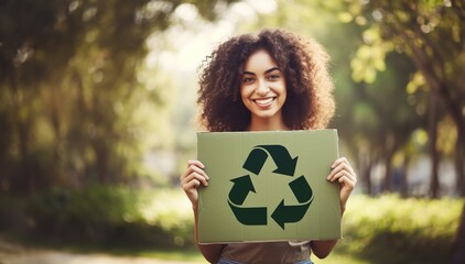 Portrait of happy smiling woman holding paper with green recycling sign over natural background. Eco living, environment and sustainability concept.