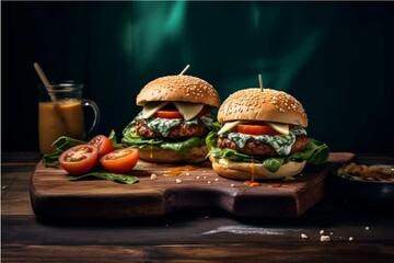 Two hamburgers with fresh vegetables on a wooden board. Dark background