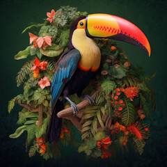 Tropical Tucan bird on the exotic flower banch. Colorful Illustration , generaitve ai