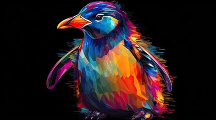 Canvas Print - Colorful abstract Cyberpop animal penguine  painting geometric style. Isolated black background Generative AI painted