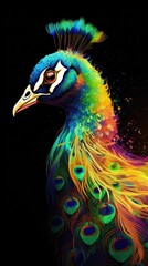 Wall Mural - Colorful abstract Cyberpop animal peacock  painting geometric style. Isolated black background Generative AI painted