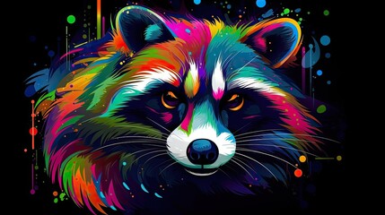 Sticker - Colorful abstract Cyberpop animal racoon  painting geometric style. Isolated black background Generative AI painted