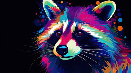 Sticker - Colorful abstract Cyberpop animal racoon  painting geometric style. Isolated black background Generative AI painted